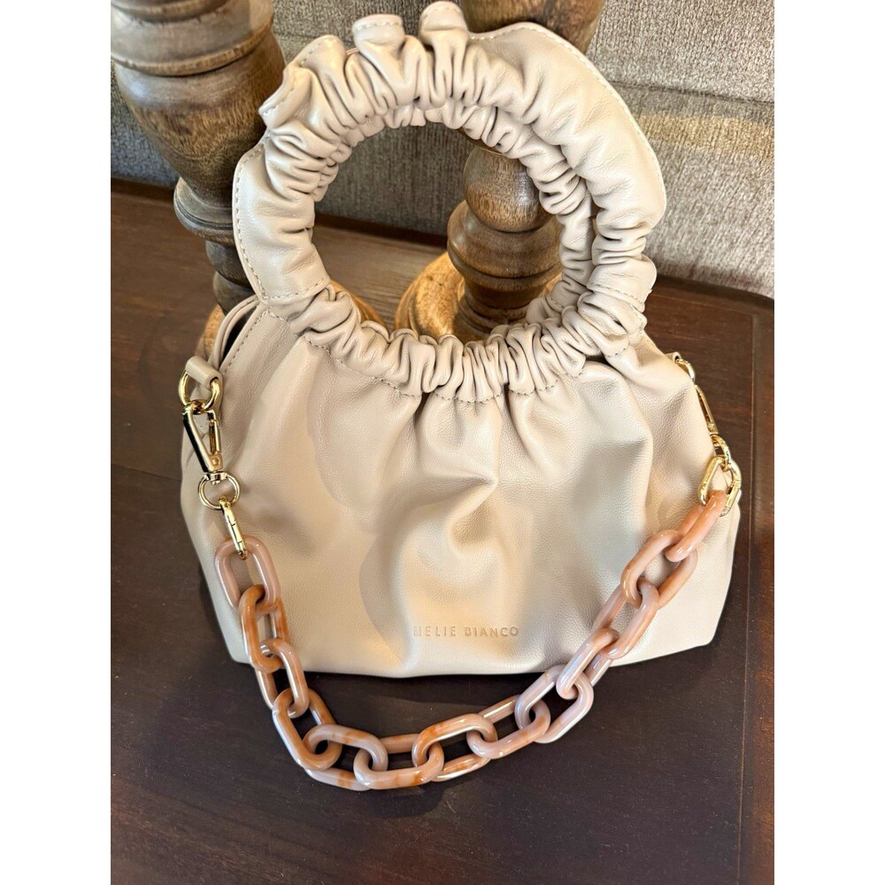 Melie Bianco Beige Ruched Top Handle Satchel Bag Chain Strap Gold Hardware